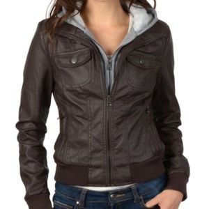 Dark Brown Faux-Leather Bomber Jacket